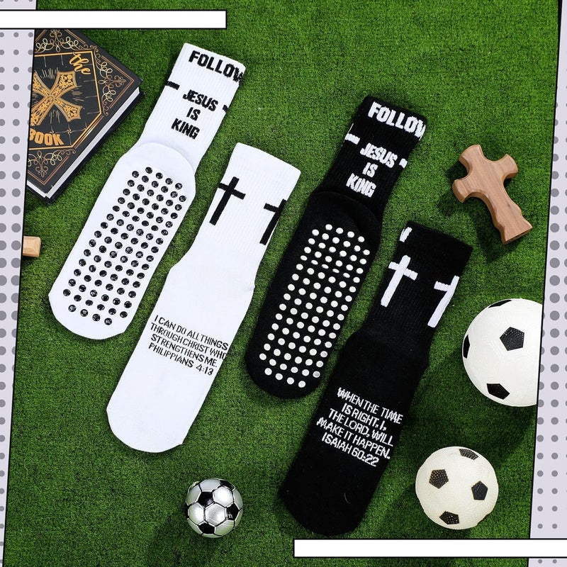 Jamntower 4 Pairs Cross Grip Soccer Socks with Bible Verse Anti Slip Religious Jesus Christian Football Sock with Rubber Dots - Image 3